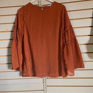 Jodifl Small Sheer Long Sleeve Top Blouse Shirt Bell‎ Sleeves Rust Color